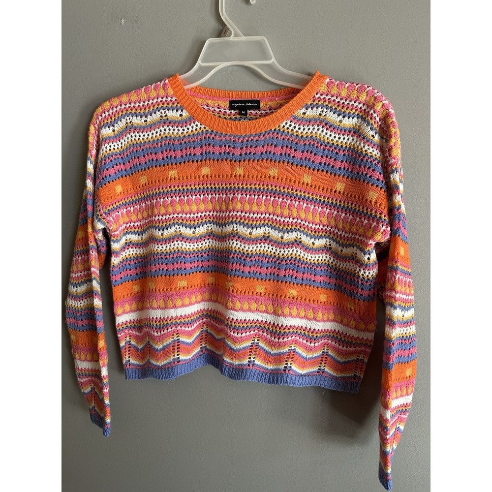 Aqua Blues Crop Sweater Medium Crochet Long Sleeve Multi Colored Y2K 90s